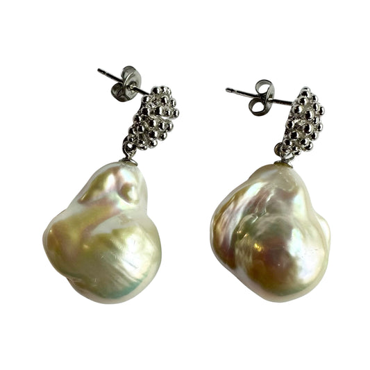 Earrings - Abstract Silver and Baroque Pearls