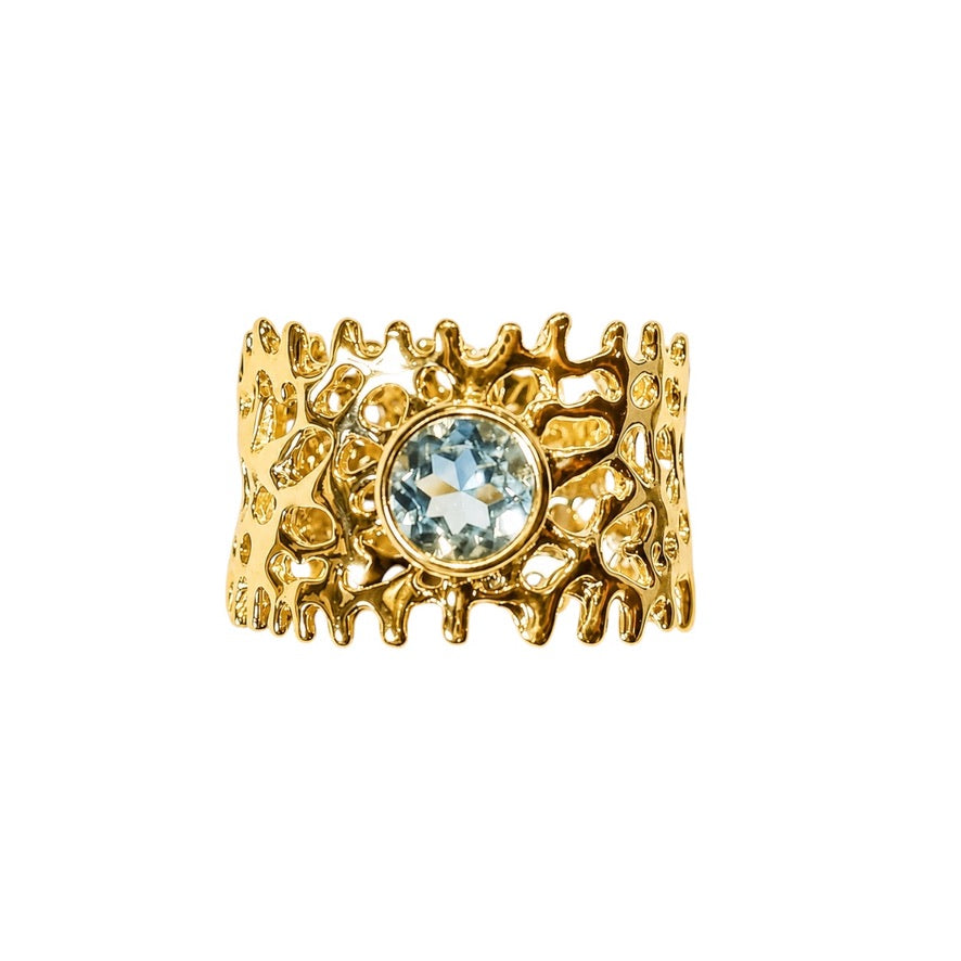 Ring - Fan of the Sea, Yellow Gold Finish with Blue Topaz