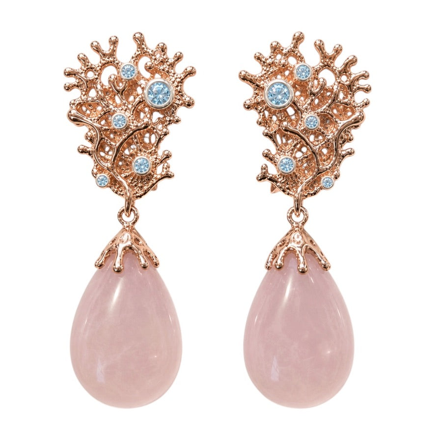 Earrings - Fragments Large, Rose Gold Finish with Silver Accents, Rose Quartz and Blue Topaz