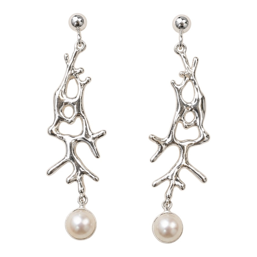 Earrings - Coral Garden, Silver Drops with White Pearl