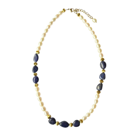 Necklace - Fresh Water Pearls and Natural Lapis Lazuli, Gold Filled Beads