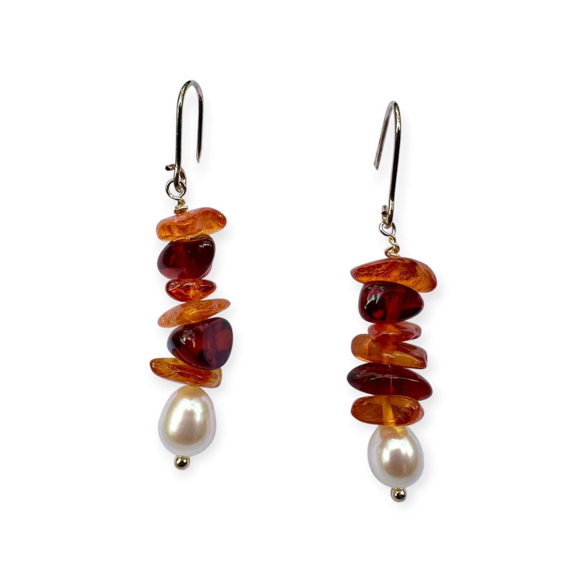 Earrings - Freshwater Pearls with Natural Baltic Amber and 18ct Gold Filled Findings II