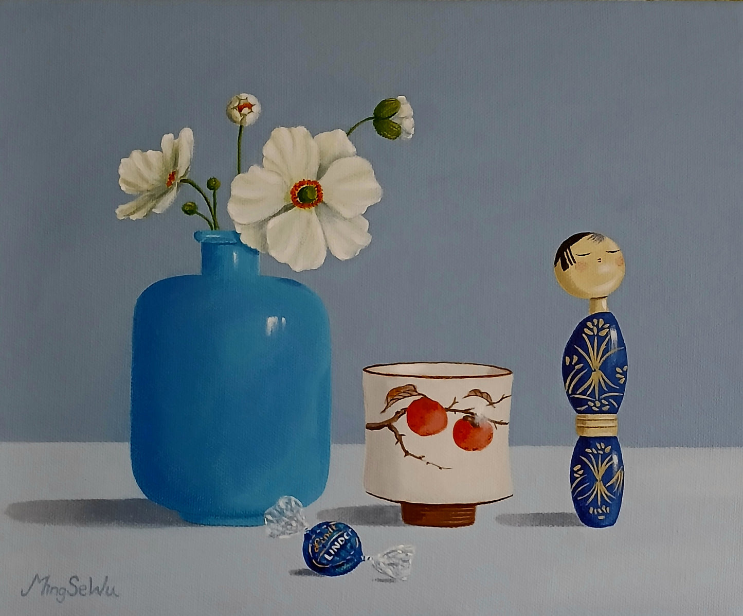 Doll, Blue Vase and Flowers