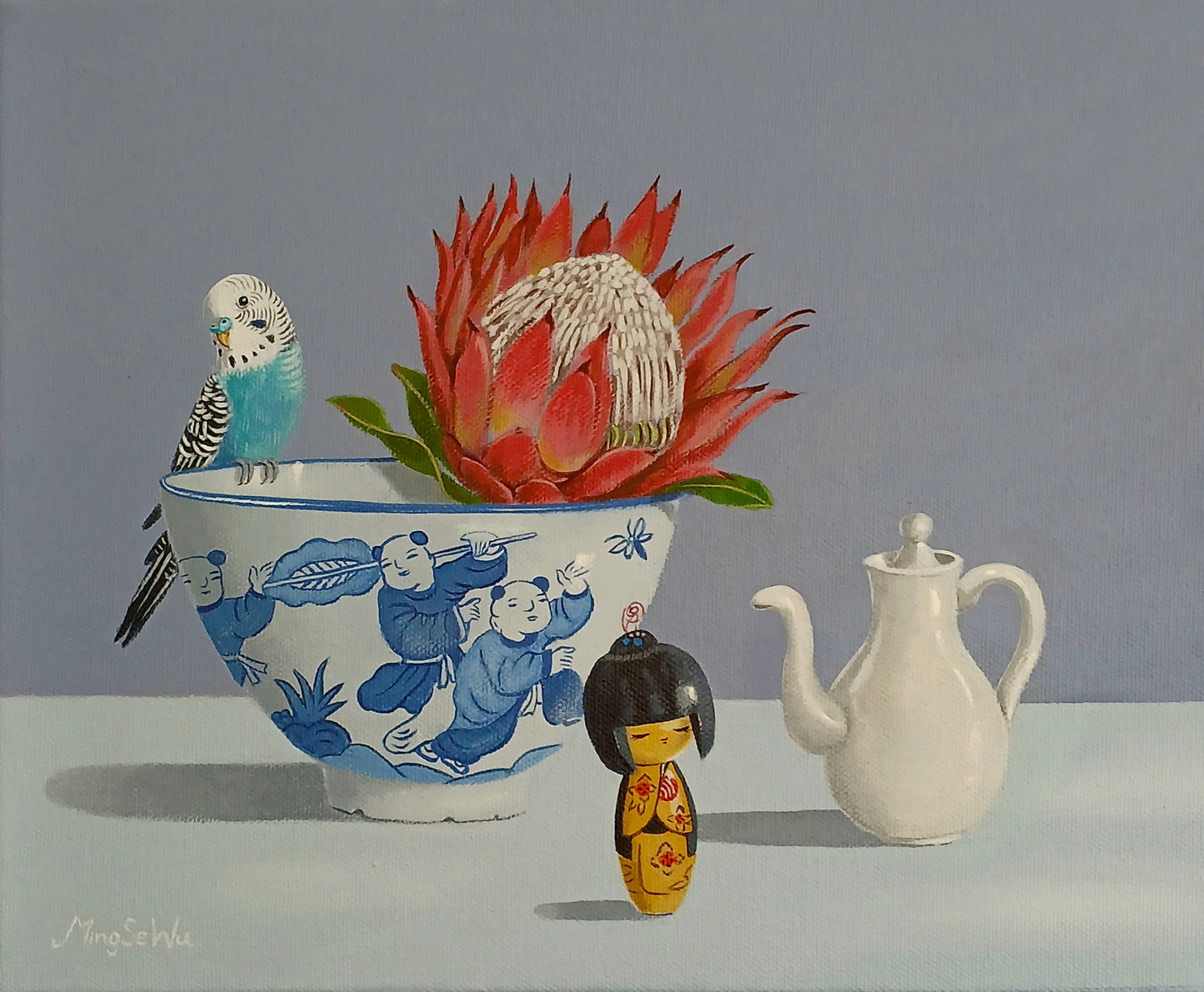 Protea and Budgie with Bowl