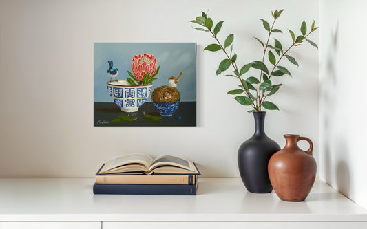 Two Wrens and Three Chicks