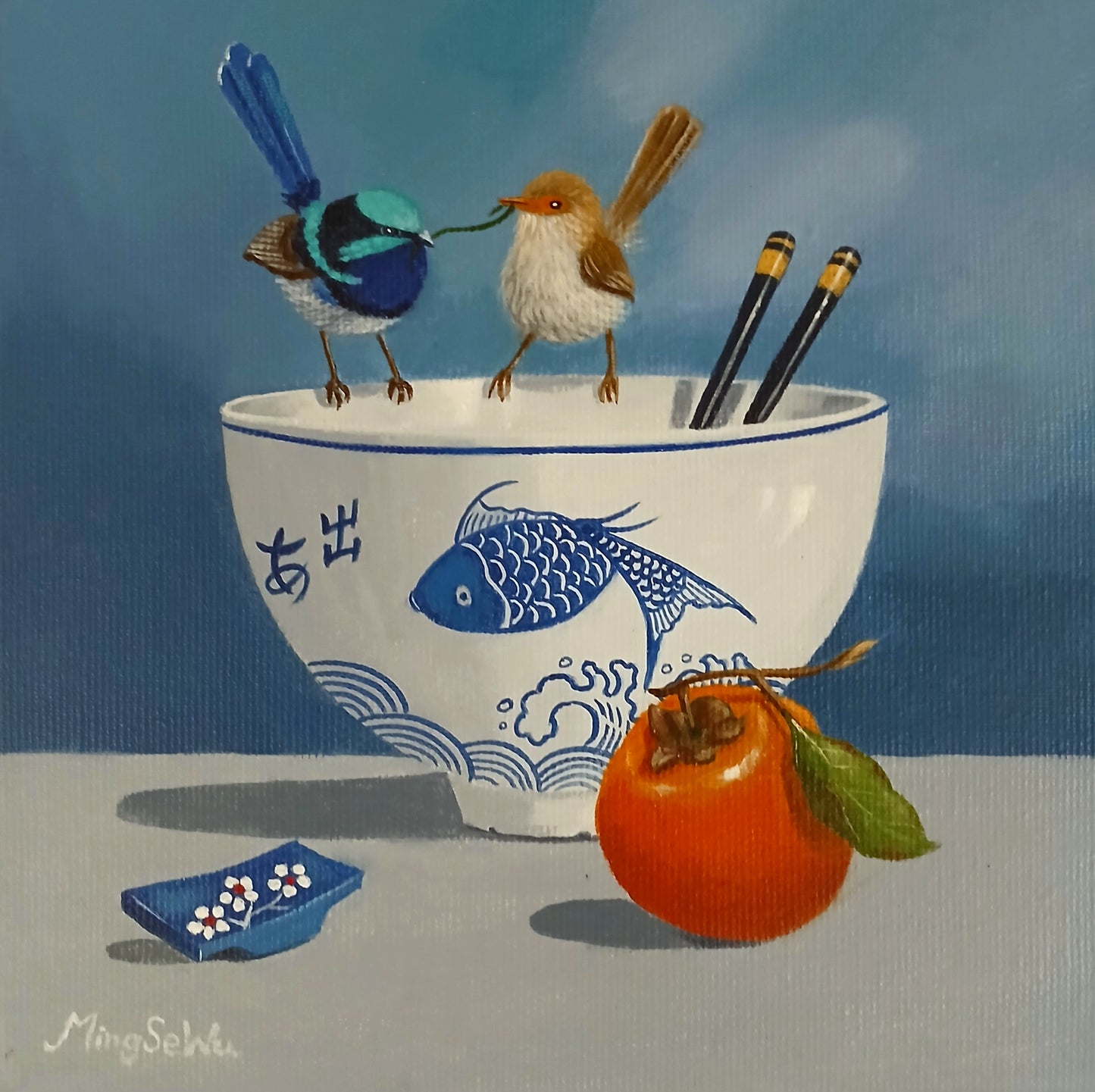 Two Wrens and Persimmon