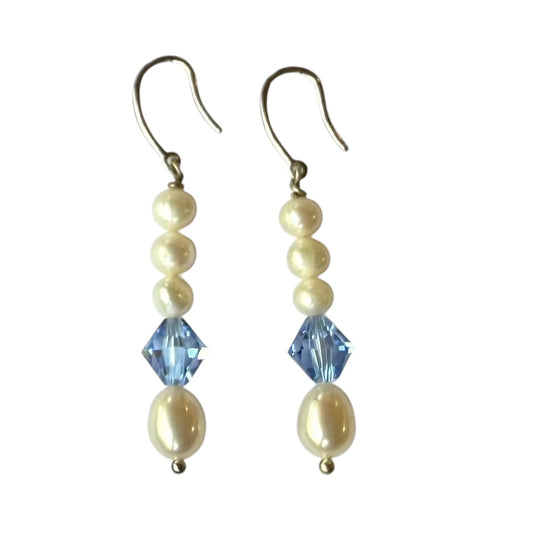 Earrings - Fresh Water Pearls and Blue Swarovski Crystals