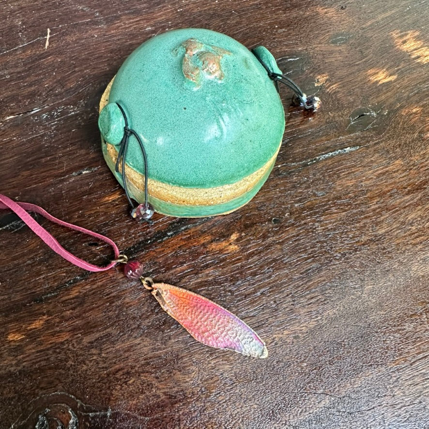 Winged Coppered Cicada on Pink Suede Lace, includes Ceramic Case