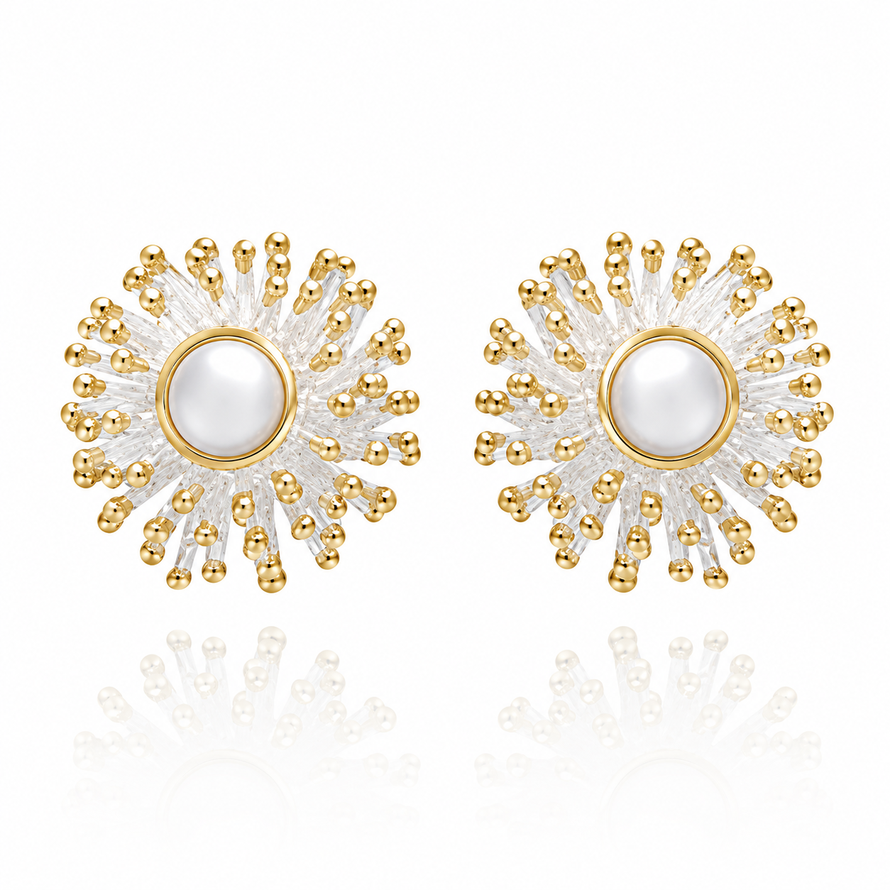 Earrings - Anemone Large Studs with White Pearl and Yellow Gold