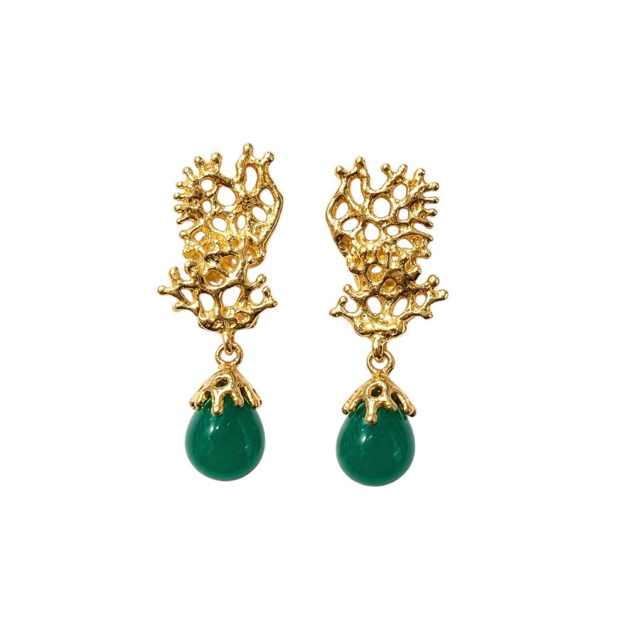 Earrings - Fragments Small, Yellow Gold Finish with Green Agate