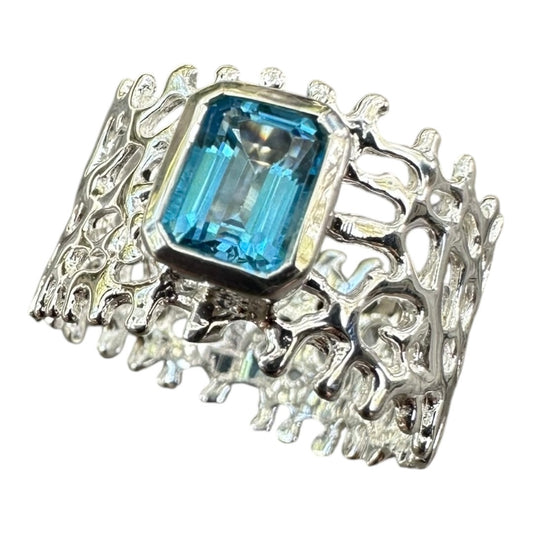 Ring, Fan of the Sea, Sterling Silver, Featuring Emerald Cut Blue Topaz
