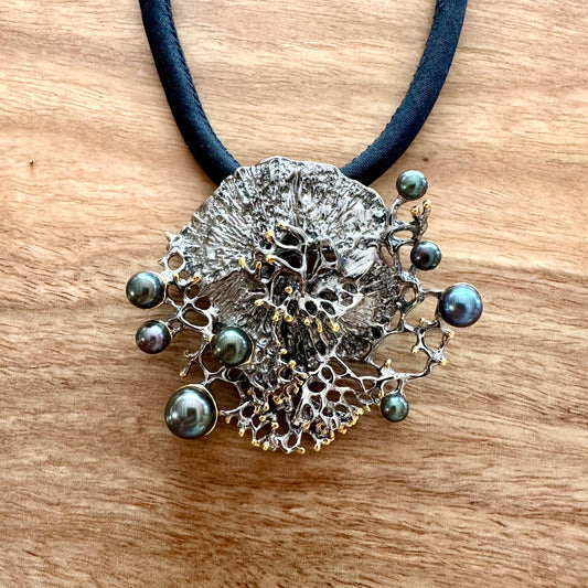 Pendant / Brooch - Coral Garden, Rhodium Finish with Black Pearls