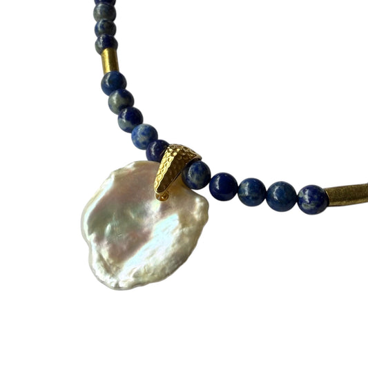 Necklace - Fresh Water Pearl and Natural Lapis Lazuli, Gold Filled Beads