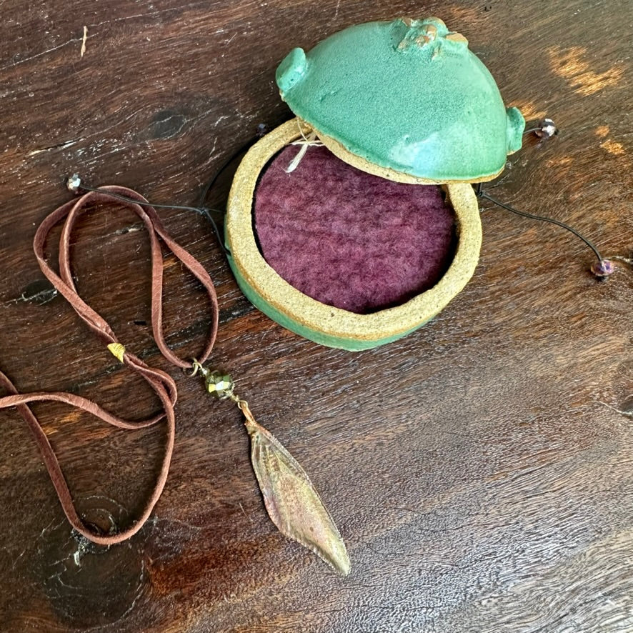 Winged Coppered Cicada on Suede Lace, with Ceramic Case