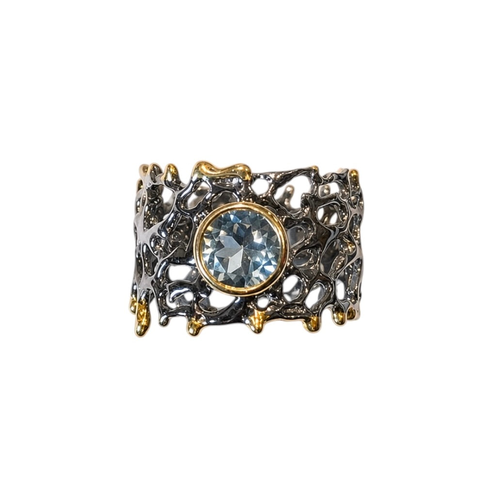 Ring - Fan of the Sea, Rhodium with Yellow Gold Accents and Blue Topaz