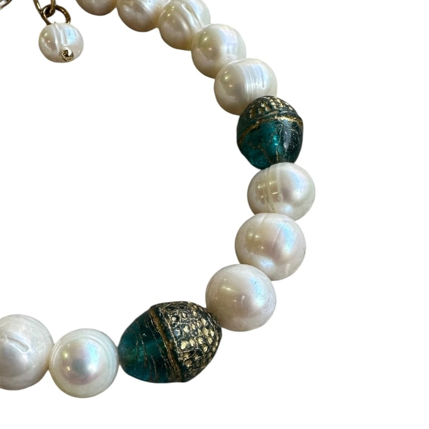 Bracelet - Freshwater Pearl and Teal Chez Glass Beads
