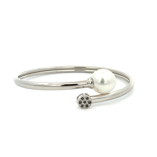 Bangle- Australian South Sea Cultured Pearl 11-12mm, 7 Diamonds 0.07ct, 60mm Sterling Silver