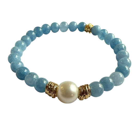 Bracelet - 9mm South Sea Pearl with Blue Aventurine Stone Beads, 24ct Gold Filled Findings