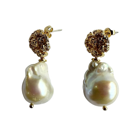 Earrings - Abstract Gold and Baroque Pearls