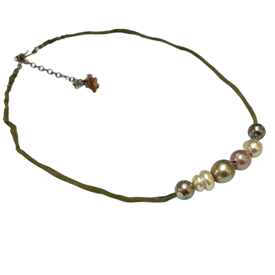 Necklace - Tahitian Pearls on Green Silk