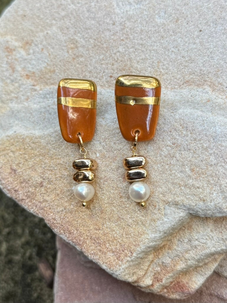Earrings - Handmade Bronze Porcelain and Freshwater Pearl