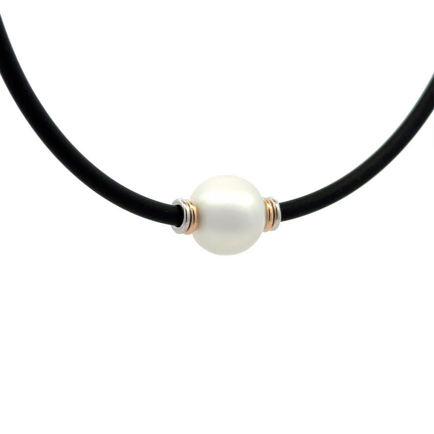 Necklace - Australian South Sea Pearl 12-13 mm Sterling Silver & 9Kt Yellow Gold 42 cm Neoprene 3mm