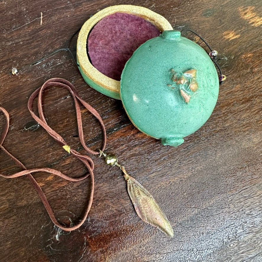 Winged Coppered Cicada on Suede Lace, with Ceramic Case