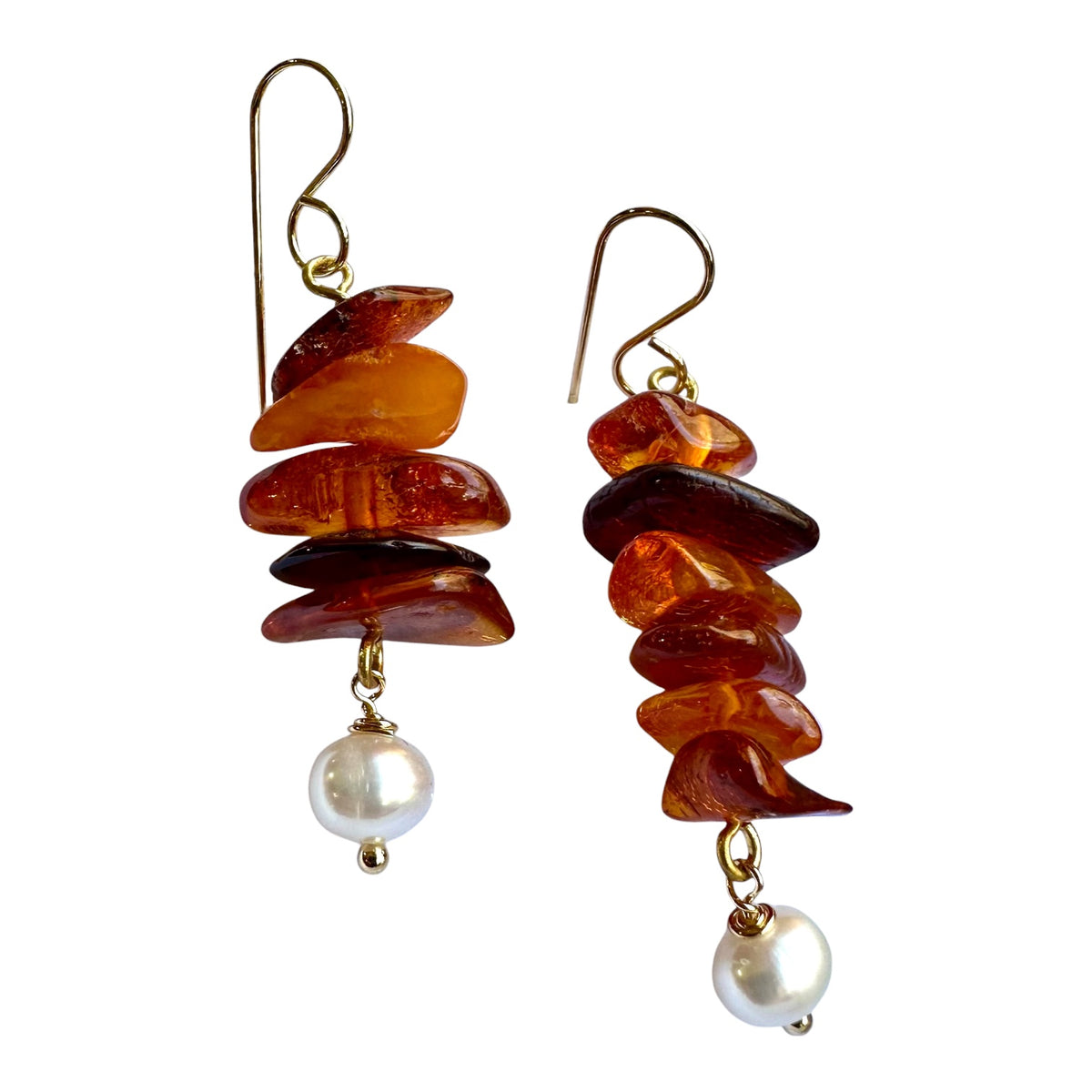 Earrings - Freshwater Pearl, Natural Baltic Amber and 18ct Gold Filled Findings II