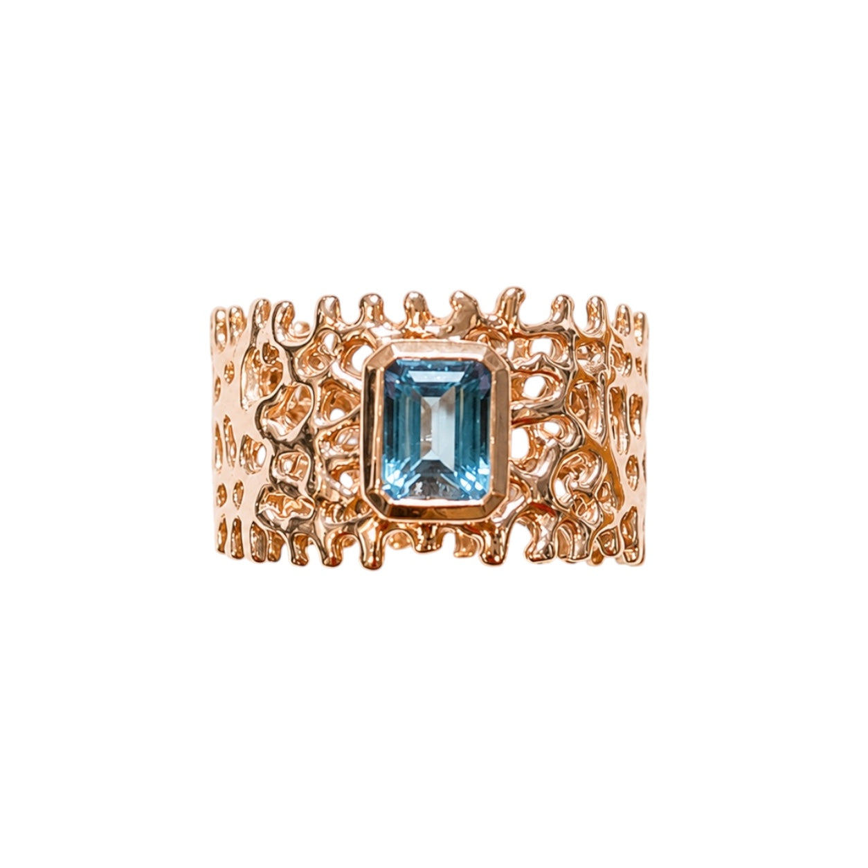 Ring - Fan of the Sea, Rose Gold Finish and Emerald Cut Blue Topaz