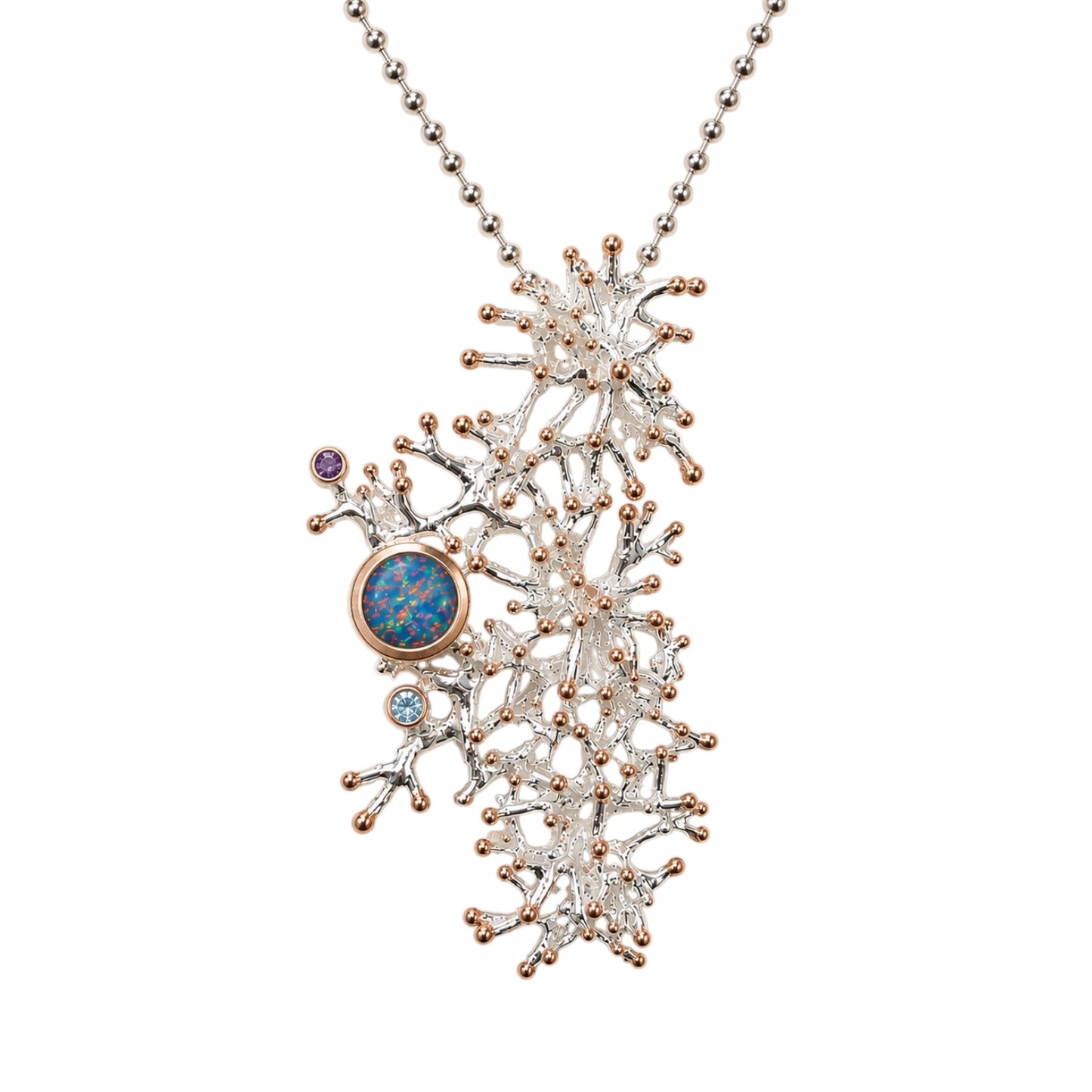 Pendant - Anemone Statement Pendant Silver with Rose Gold Accents with Australian Doublet Opal, Rhodolite Garnet and Blue Topaz