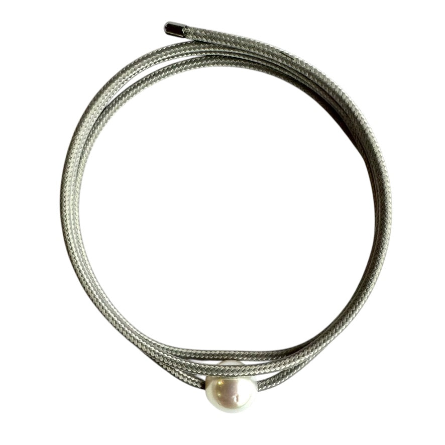 Bracelet - Australian South Sea Pearl 9-10 mm Stainless Steel Magnetic Wrap, Grey/Silver Ends