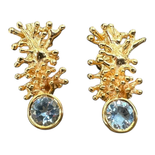 Earrings, Anemone, Yellow Gold Finish, Blue Topaz