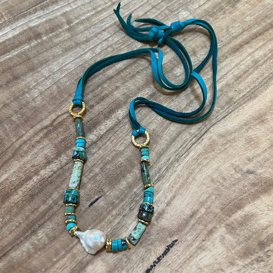 Necklace - Baroque Pearl and Natural Turquoise