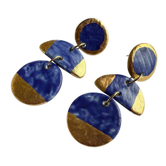 Earrings - Handmade Porcelain Blue and Gold Three Disc