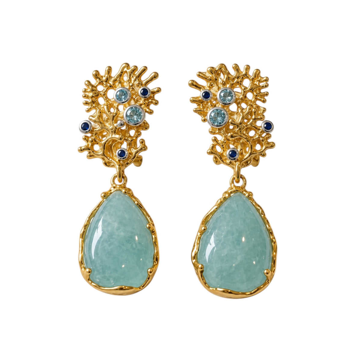 Earrings - Fragments Medium, Yellow Gold Finish with Silver Accents, Aquamarine, Blue Topaz and Sapphire