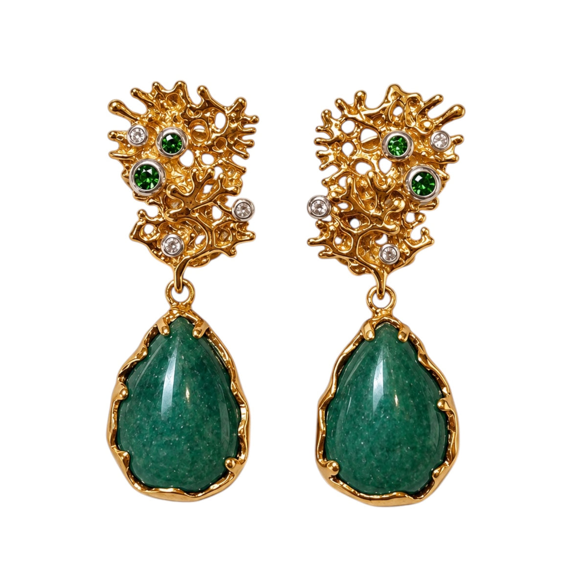Earrings - Fragments Medium, Yellow Gold Finish with Silver Accents, Aventurine, Chrome Diopside and White Topaz
