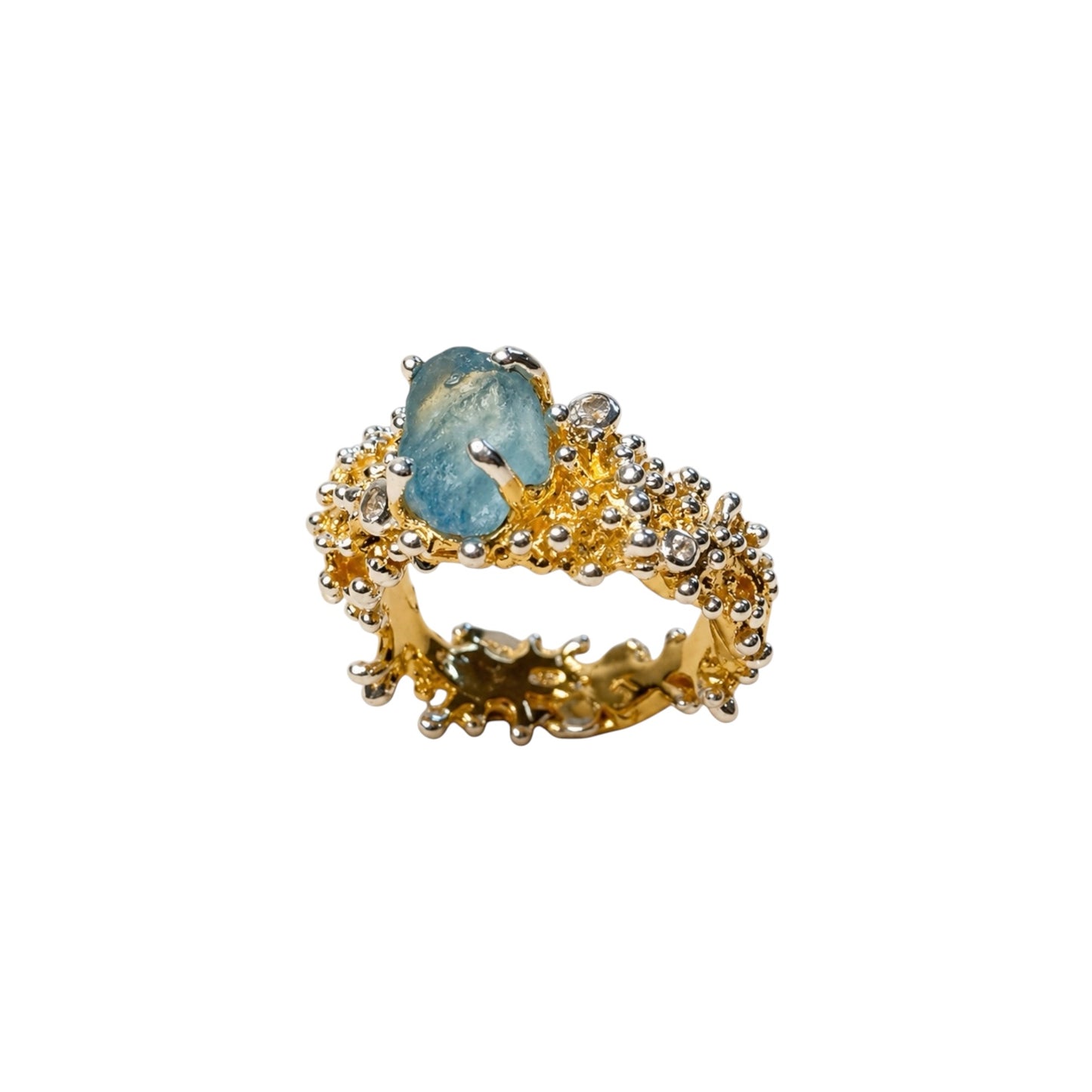 Ring - Anemone, Yellow Gold Finish with Silver Accents, Aquamarine and Topaz