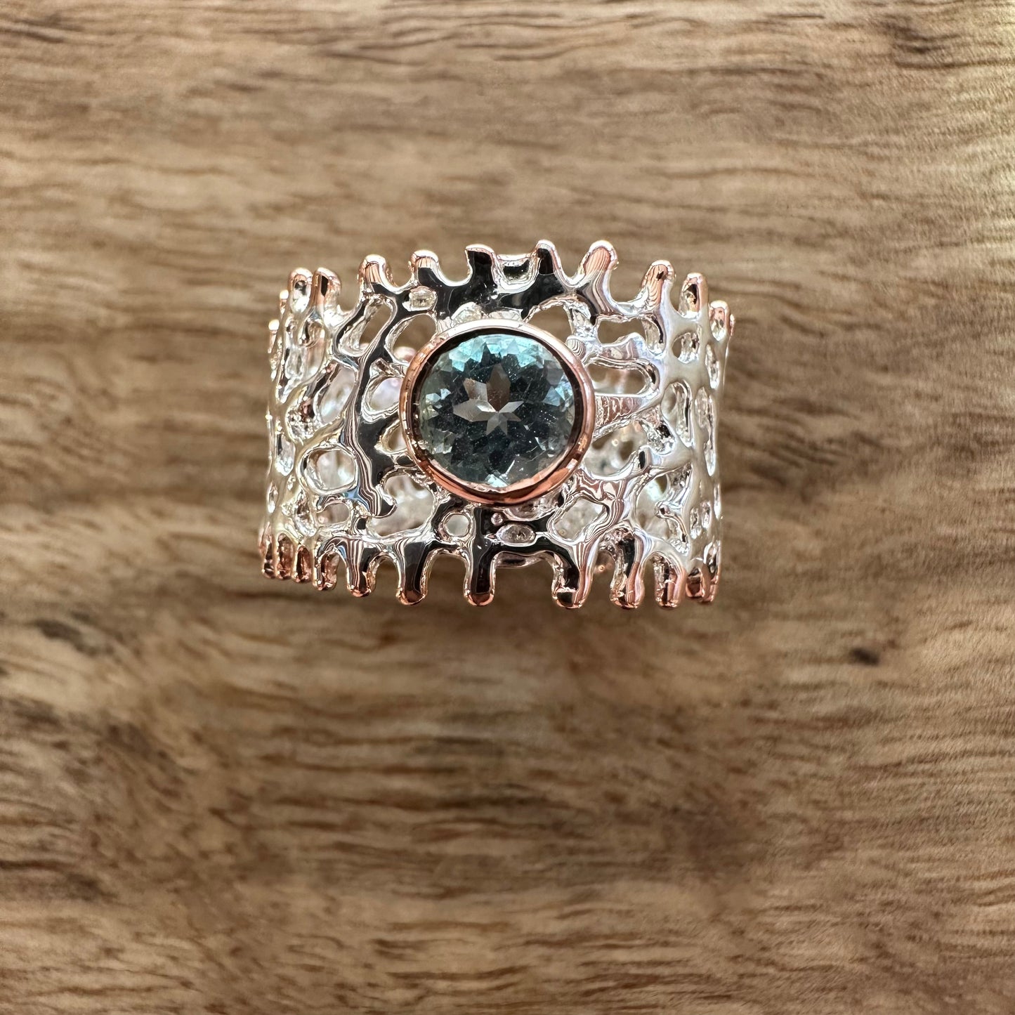 Ring - Fan of the Sea, Sterling Silver, Rose Gold Accents, Topaz