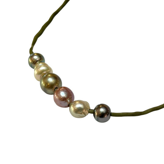 Necklace - Tahitian Pearls on Green Silk