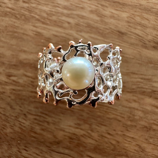 Ring, Fan of the Sea, Pearl, Rose Gold Accents