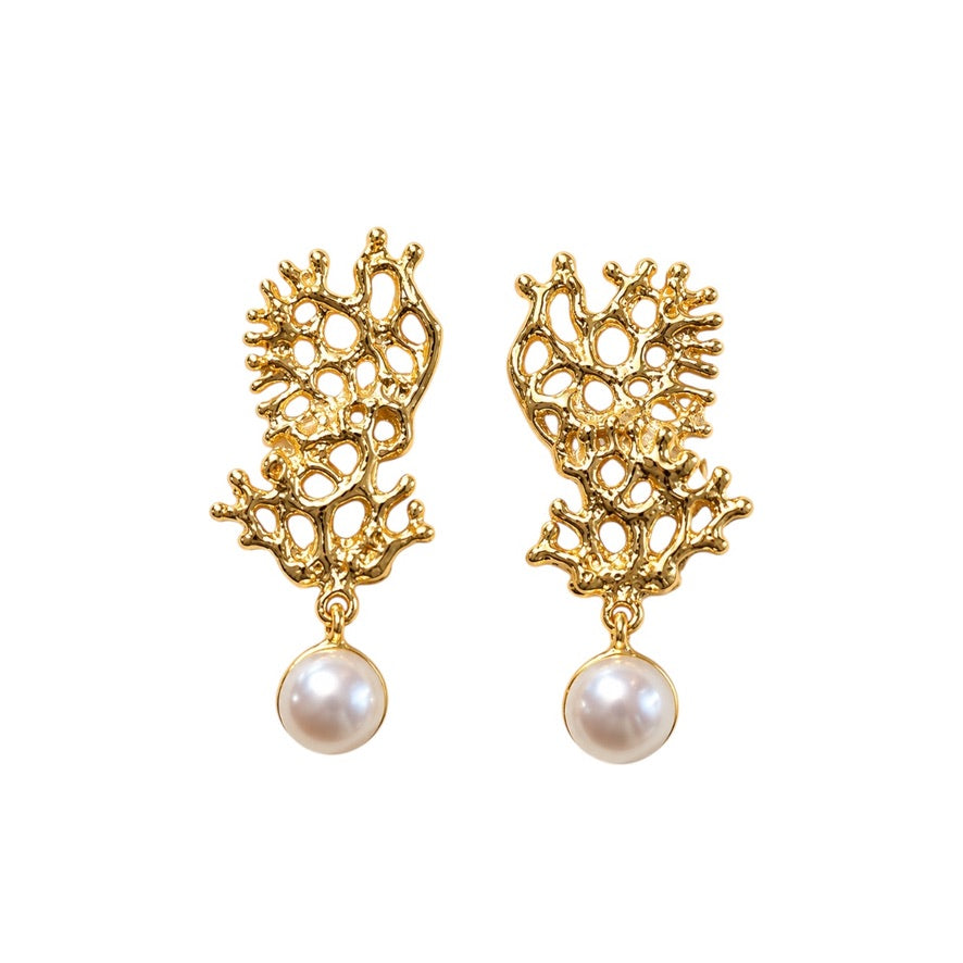Earrings - Fragments Small, Yellow Gold Finish with Freshwater White Pearls