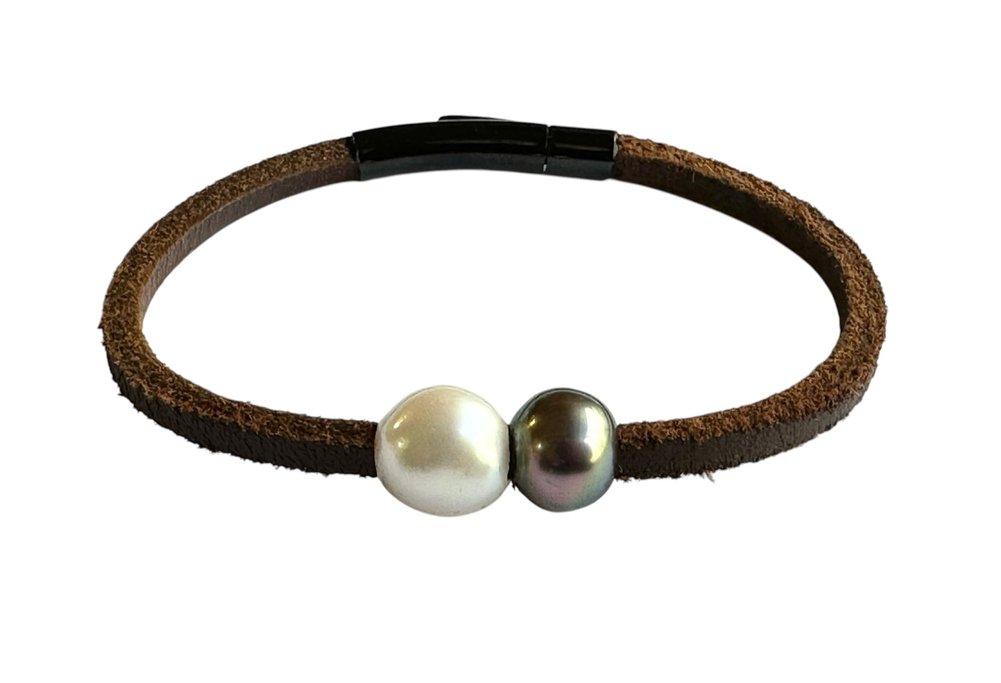 Bracelet - Two South Sea Pearls on Brown Leather