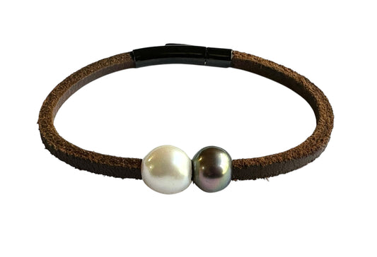 Bracelet - Two South Sea Pearls on Brown Leather