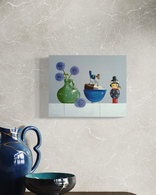 Two Bowls, Two Wrens and Doll