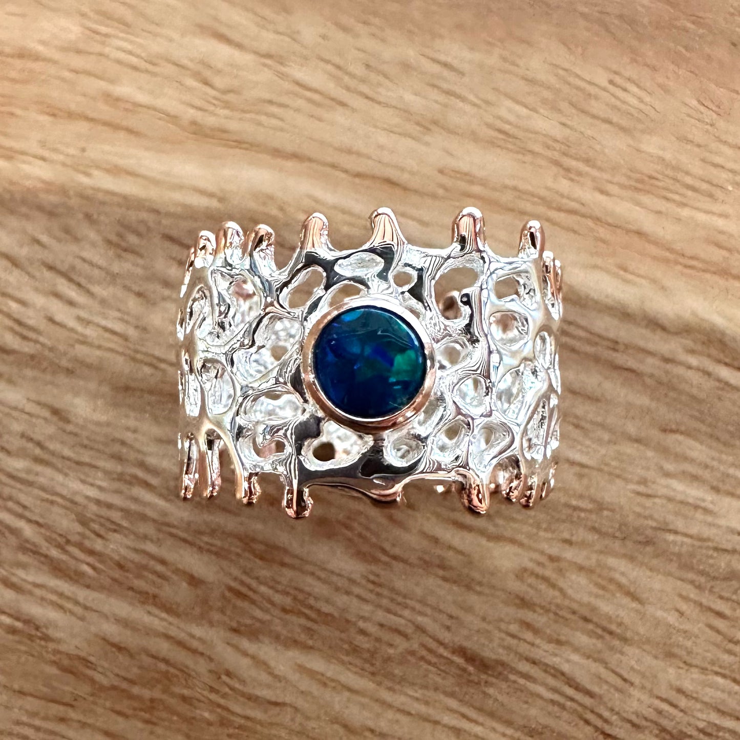 Ring - Fan of the Sea, Sterling Silver, Rose Gold Accents, Australian Opal