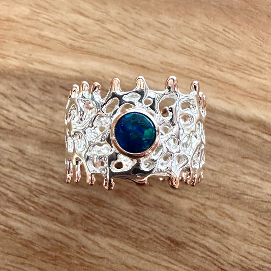 Ring - Fan of the Sea, Sterling Silver, Rose Gold Accents, Australian Opal