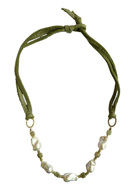 Necklace - Baroque Pearls, Green Vessonite Gem Beads