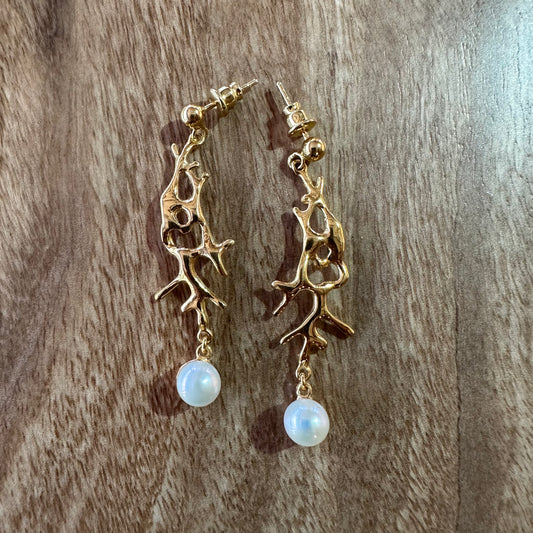 Earrings - Coral Garden Drop with White Pearl and Yellow Gold Finish