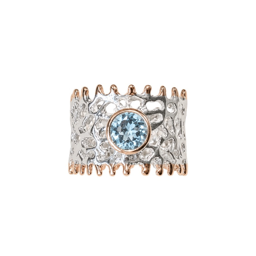 Ring - Fan of the Sea, Silver with Rose Gold Accents and Blue Topaz
