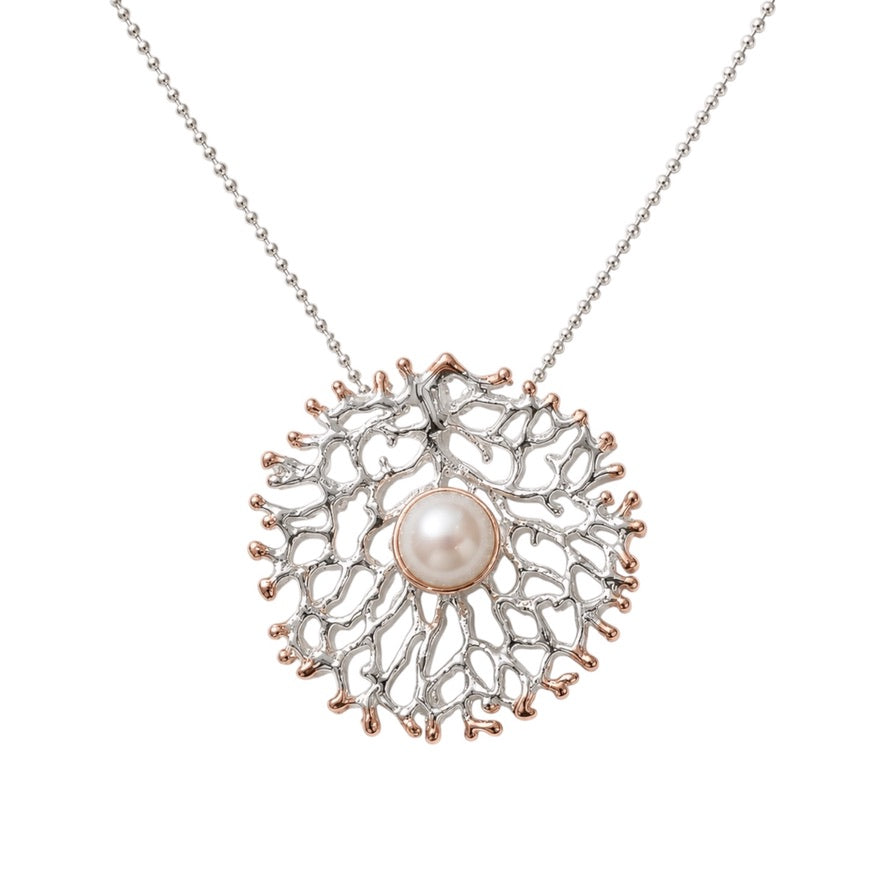 Pendant - Fan of the Sea, Medium Silver with Rose Gold Accents with Freshwater Pearl